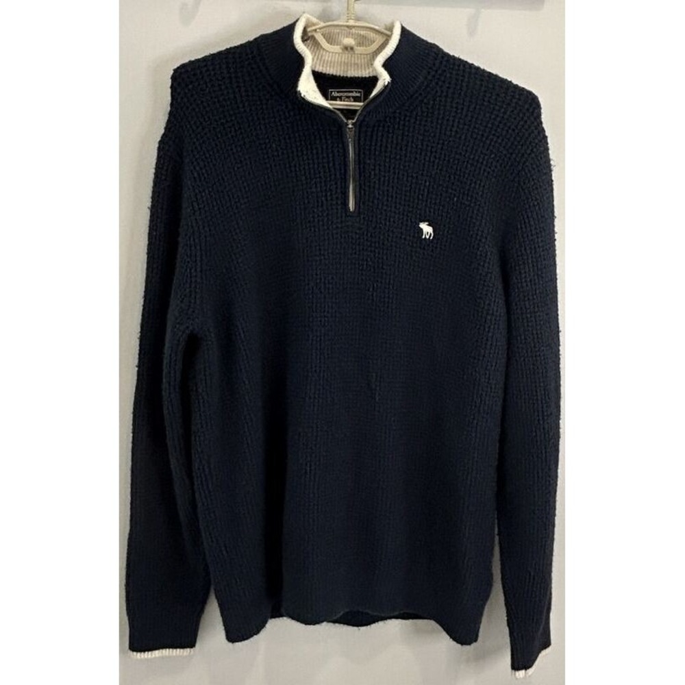 Abercrombie & Fitch Men Quarter Zip Navy Blue Pullover Sweater Waffle Texture XL